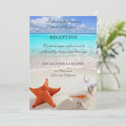 Beach Wedding Seashells Reception Kaart (Staand voorkant)