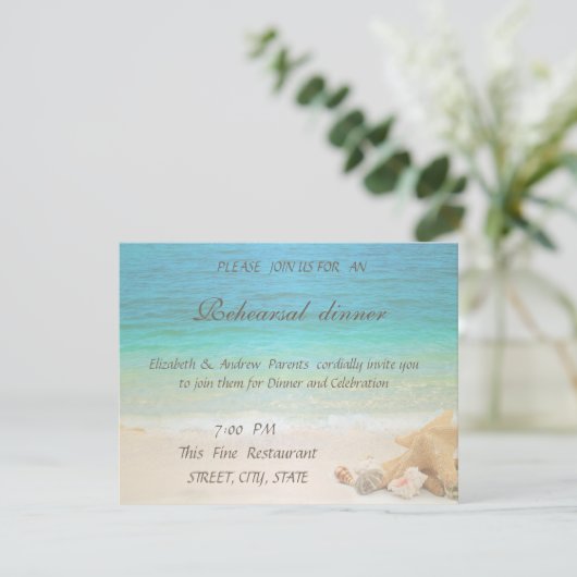 Beach Wedding Seashells Rehearsal Dinner Kaart (Staand voorkant)