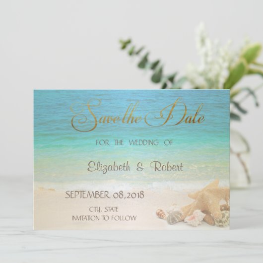 Beach Wedding Seashells Save the Date (Staand voorkant)
