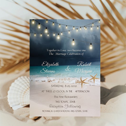 Beach Wedding Seastars String Lights Uitnodiging