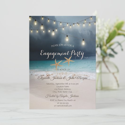 Beach Wedding, Seastars String Lights Verloving Kaart (Staand voorkant)