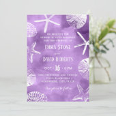Beach Wedding Starfish Seashell Paarse Waterverf Kaart (Staand voorkant)