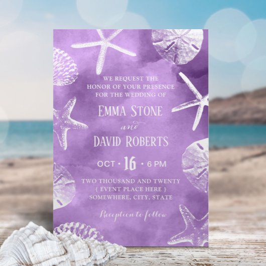 Beach Wedding Starfish Seashell Paarse Waterverf Kaart