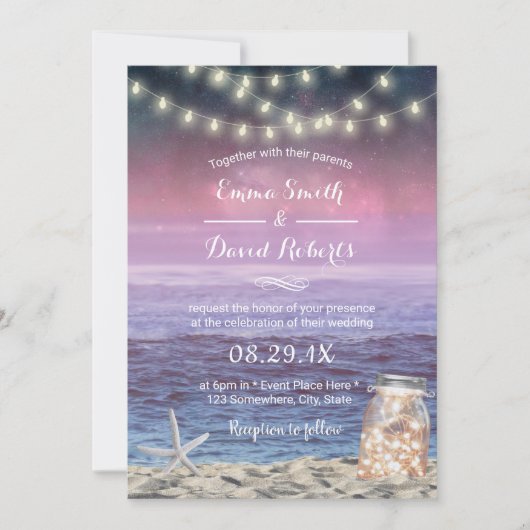Beach Wedding Starfish String Lights Mason Jar Kaart (Voorkant)