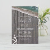Beach Wedding Starfish & Waves Rustic Wood Kaart (Staand voorkant)
