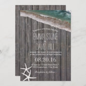 Beach Wedding Starfish & Waves Rustic Wood Kaart (Voorkant / Achterkant)