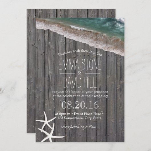 Beach Wedding Starfish & Waves Rustic Wood Kaart (Voorkant / Achterkant)
