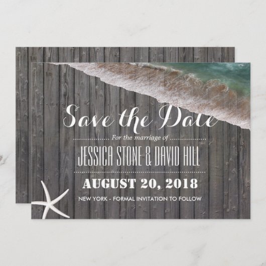 Beach Wedding Starfish Wood Save the Date (Voorkant / Achterkant)