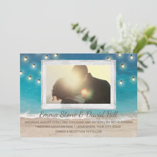 Beach Wedding String Lights met foto Kaart (Staand voorkant)