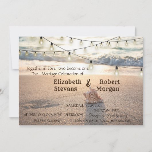 Beach Wedding, String Lights, Sand, Seashell Kaart (Voorkant)