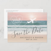 Beach Wedding Sunset Heart Airplane Save the Date Aankondigingskaart (Voorkant / Achterkant)