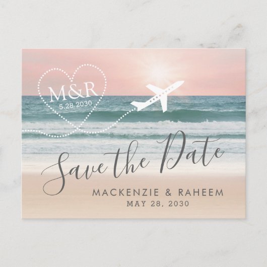 Beach Wedding Sunset Heart Airplane Save the Date Aankondigingskaart (Voorkant)