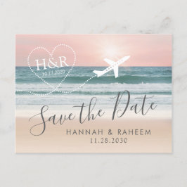 Beach Wedding Sunset Heart Airplane Save the Date Aankondigingskaart