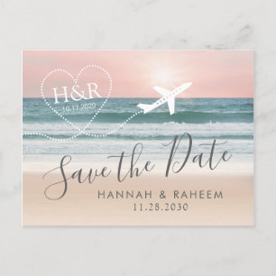 Beach Wedding Sunset Heart Airplane Save the Date Aankondigingskaart