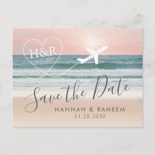 Beach Wedding Sunset Heart Airplane Save the Date Aankondigingskaart (Voorkant)