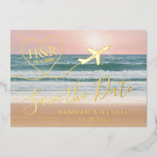 Beach Wedding Sunset Heart Airplane Save the Date Folie Uitnodiging