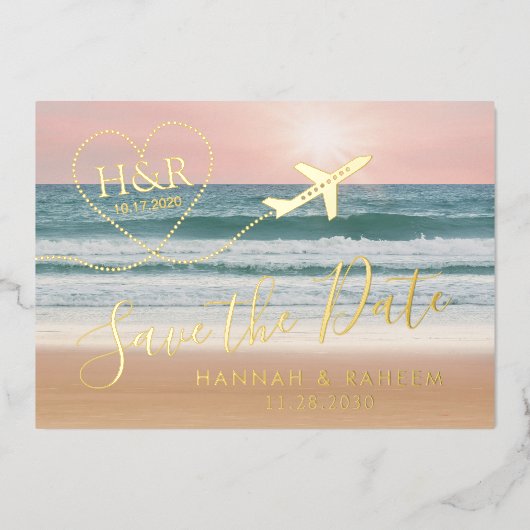 Beach Wedding Sunset Heart Airplane Save the Date Folie Uitnodiging (Voorkant)