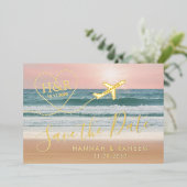 Beach Wedding Sunset Heart Airplane Save the Date Folie Uitnodiging (Staand Voorkant)