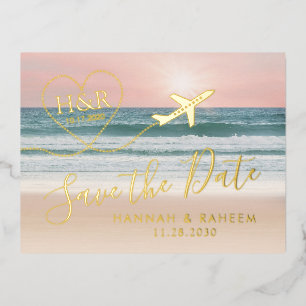 Beach Wedding Sunset Heart Airplane Save the Date Folie Uitnodiging Briefkaart
