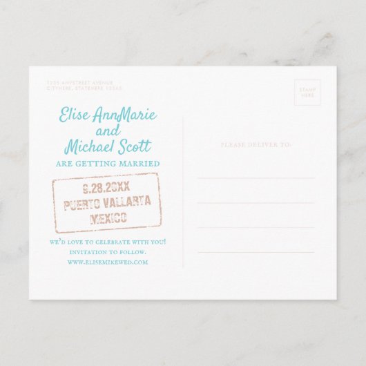 Beach Wedding Sunset Passport Stempel opslaan Datu Aankondigingskaart (Achterkant)