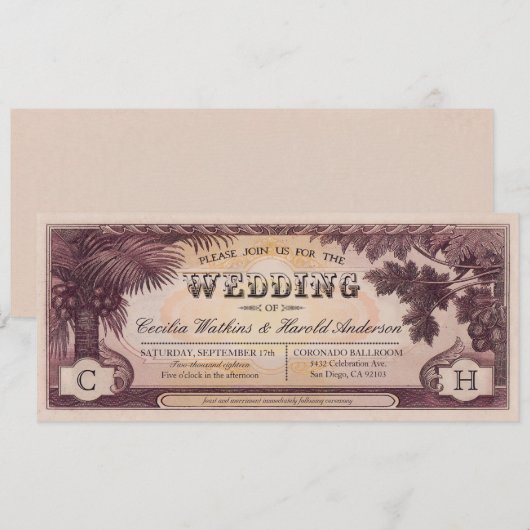 Beach Wedding Ticket Invitations v.1 Kaart (Voorkant / Achterkant)