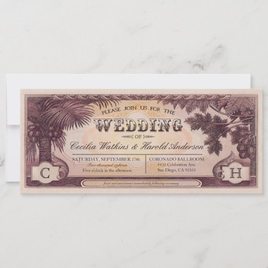 Beach Wedding Ticket Invitations v.1 Kaart (Voorkant)