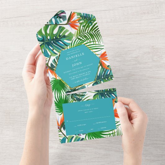 Beach Wedding Tropical Leaf RSVP All In One Uitnodiging (Afscheurbaar)