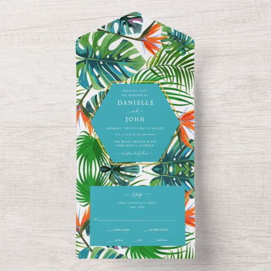 Beach Wedding Tropical Leaf RSVP All In One Uitnodiging (Binnen)