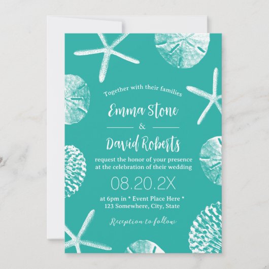 Beach Wedding Tropical Seashells Modern Turquoise Kaart (Voorkant)