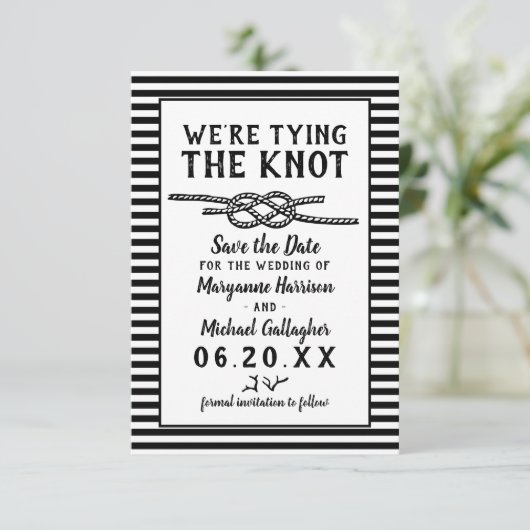 Beach Wedding Tying the Knot Modern Stripes Photo Save The Date (Staand voorkant)