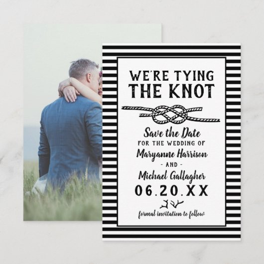 Beach Wedding Tying the Knot Modern Stripes Photo Save The Date (Voorkant / Achterkant)
