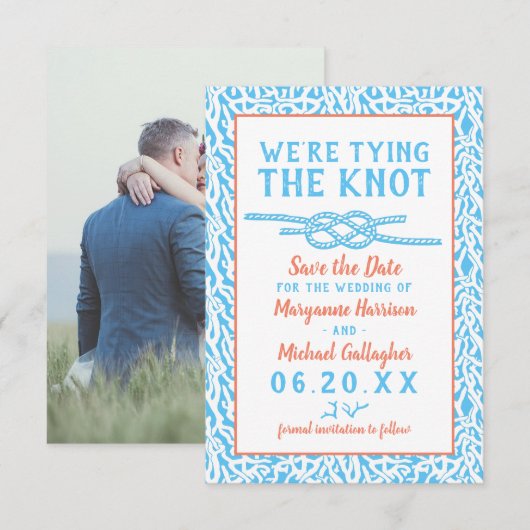 Beach Wedding Tying the Knot Nautical Coral Photo Save The Date (Voorkant / Achterkant)