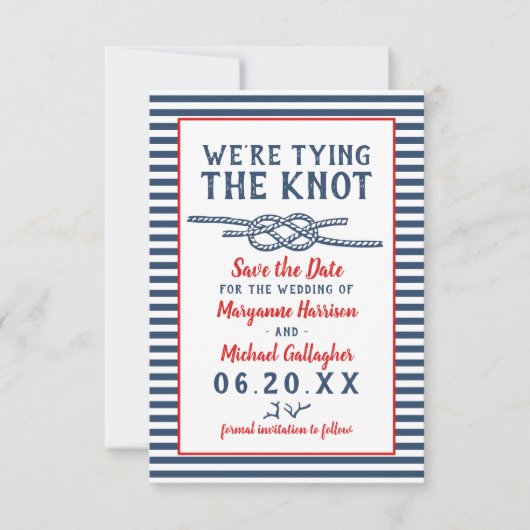 Beach Wedding Tying the Knot Nautical Stripe Photo Save The Date (Voorkant)