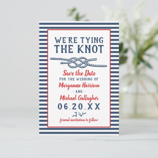 Beach Wedding Tying the Knot Nautical Stripe Photo Save The Date (Staand voorkant)