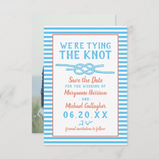 Beach Wedding Tying the Knot Nautical Stripe Photo Save The Date (Voorkant / Achterkant)
