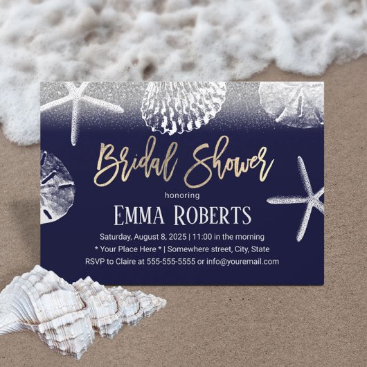 Beach Wedding Vrijgezellenfeest Navy Blue Seashell Kaart