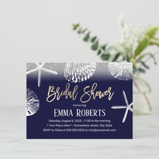 Beach Wedding Vrijgezellenfeest Navy Blue Seashell Kaart (Staand voorkant)
