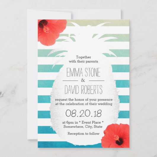 Beach Wedding Waterverf Stripes Pineappel Kaart (Voorkant)