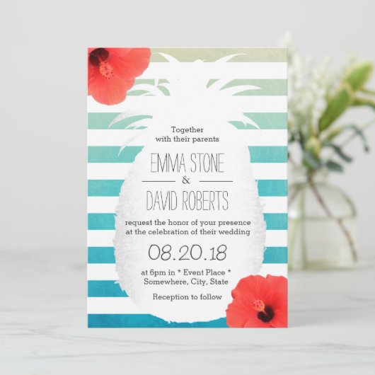 Beach Wedding Waterverf Stripes Pineappel Kaart (Staand voorkant)