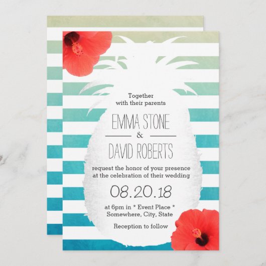 Beach Wedding Waterverf Stripes Pineappel Kaart (Voorkant / Achterkant)