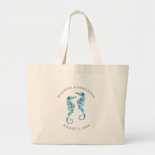 Beach Wedding Welkomstzakken Seahorse Grote Tote Bag (Voorkant)