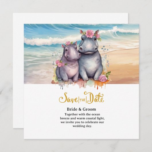 Beach Wedding with Hippo Couple Save The Date (Voorkant / Achterkant)