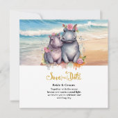 Beach Wedding with Hippo Couple Save The Date (Voorkant)