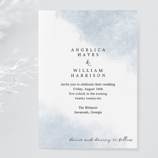 BEACH WEDING INVITATION IN DUSTY BLUE WATERVERF KAART