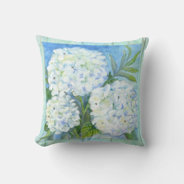 Beach White Hydrangea Floral Painterly Driftwood Kussen (Voorkant)