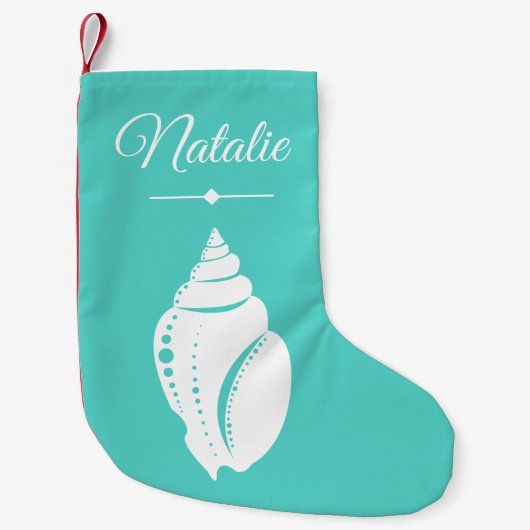Beach White Seashell Ocean Green & Name Kleine Kerstsok (Voorkant)