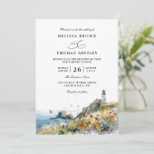 Beach Wildflower Lighthouse Beach QR Code Wedding Kaart (Staand voorkant)