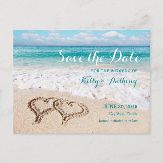Beach with Hearts on the Sand Save the Date Kaart (Voorkant)