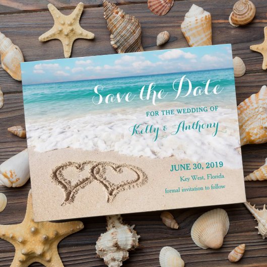 Beach with Hearts on the Sand Save the Date Kaart