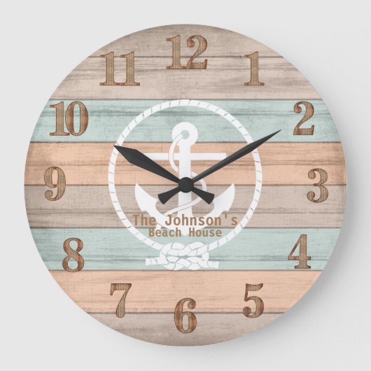 Beach Wood Nautical Stripes & Anchor Large Clock Grote Klok (Voorkant)